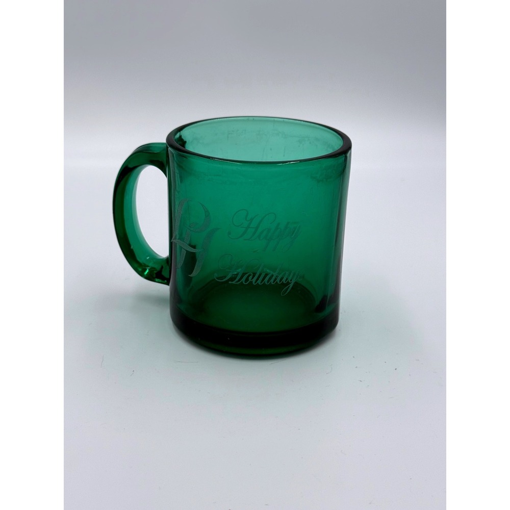 Vintage Emerald Green Glass Happy Holidays Coffee Mug Made in USA 1980s 1990s